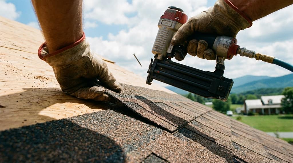 Close-up of gloved hands using a pneumatic nail gun to fasten an asphalt shingle course to a wooden roof deck