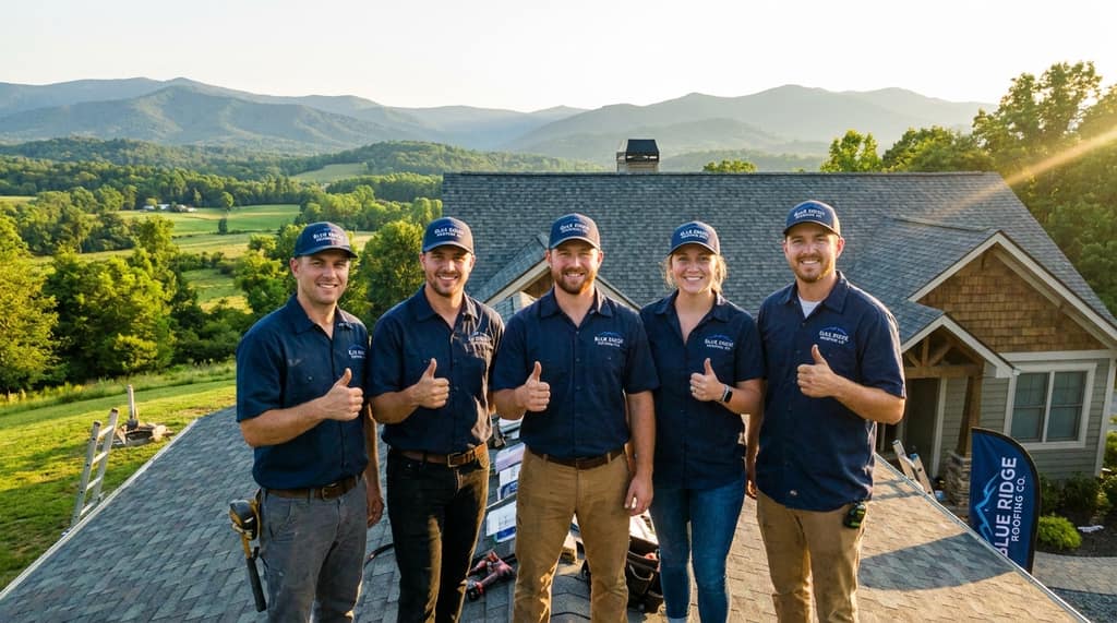 Five roofing contractors standing on a finished roof at sunrise with the Blue Ridge mountains behind them in western Virginia