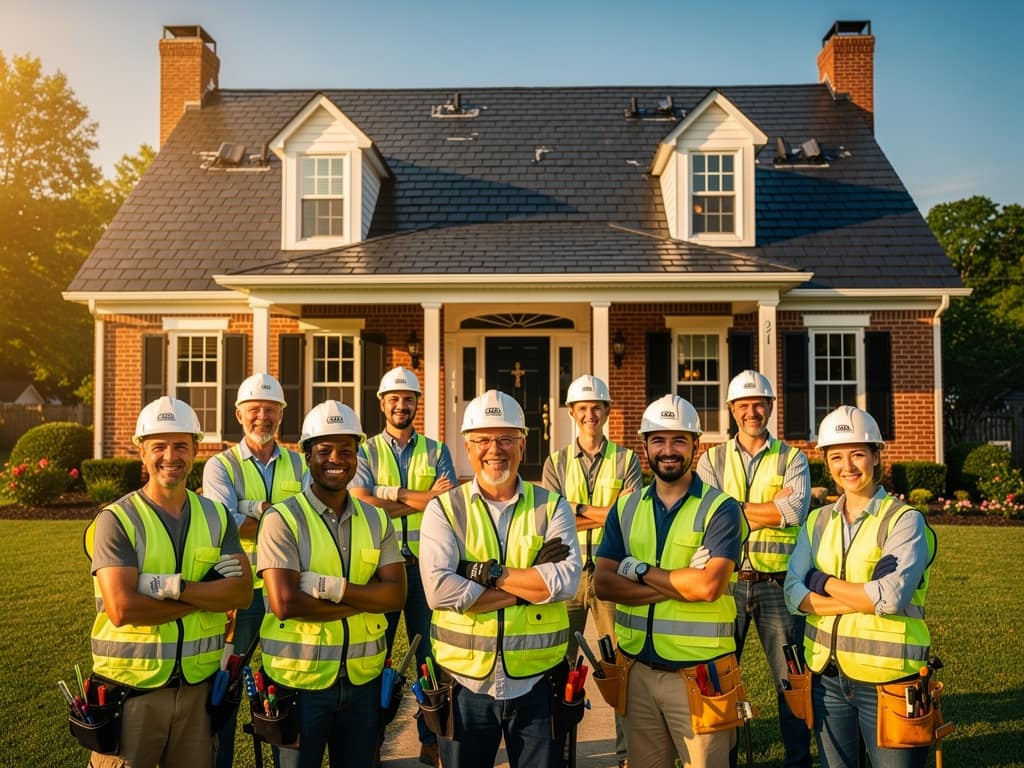 Roofing crew in high-visibility vests and hard hats standing in front of a Virginia brick colonial home with a newly installed slate-grey architectural shingle roof