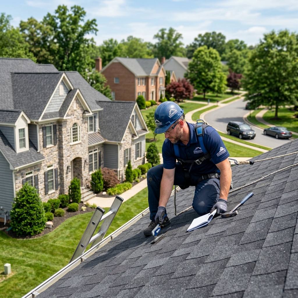 Roofer in a blue hard hat and safety harness kneeling on architectural shingles, documenting roof condition on a clipboard during an inspection