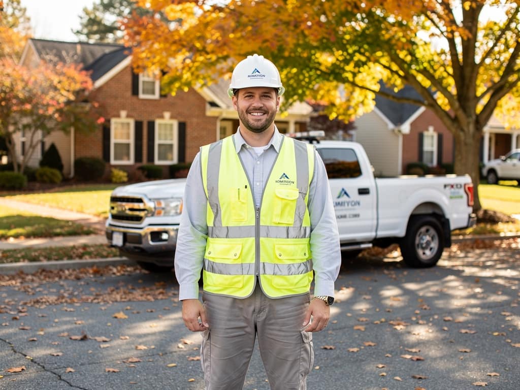 Smiling roofing estimator in a white hard hat and yellow safety vest standing beside a white work truck on a residential Virginia street