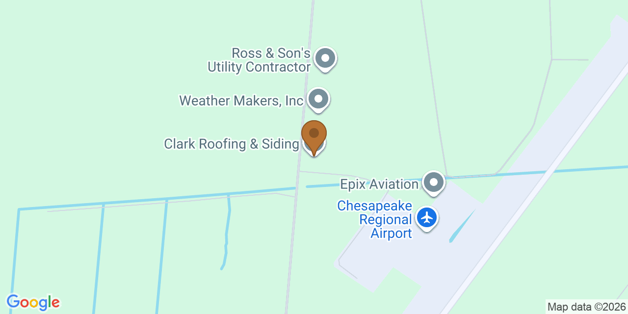Map showing the Google Business location of Clark Roofing & Siding Inc at 1755 West Road, Chesapeake, VA, 23323