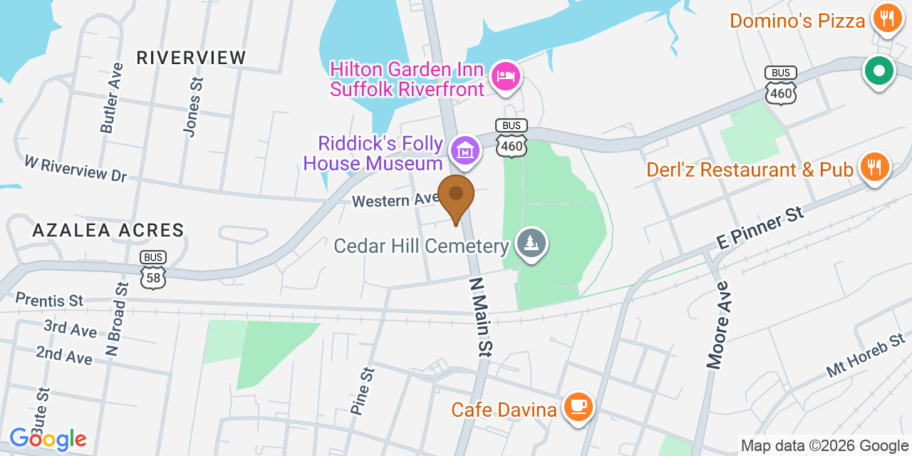 Map showing the Google Business location of Top Tier Roofing at 429 North Main Street, Suffolk, VA, 23434