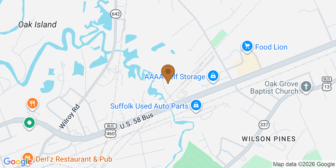 Map showing the Google Business location of Pro Roofing LLC at 110 Virginia Ham Drive, Suffolk, VA, 23434