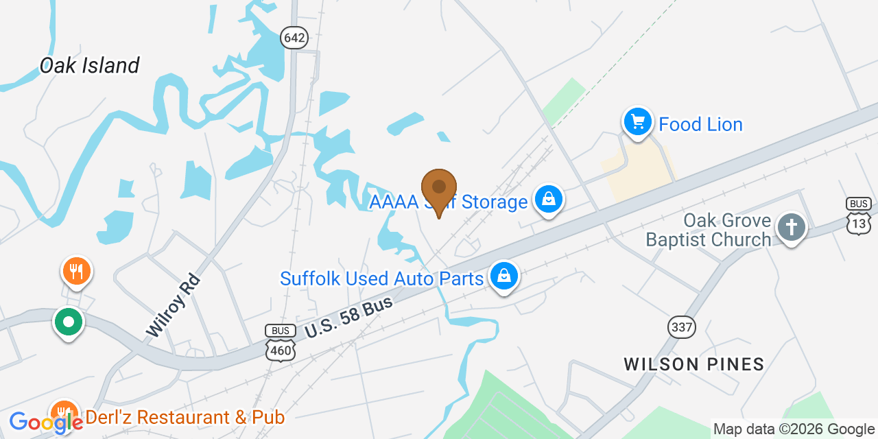 Map showing the Google Business location of Nansemond River Roofing & Siding, LLC at 110 Virginia Ham Drive, Suffolk, VA, 23434