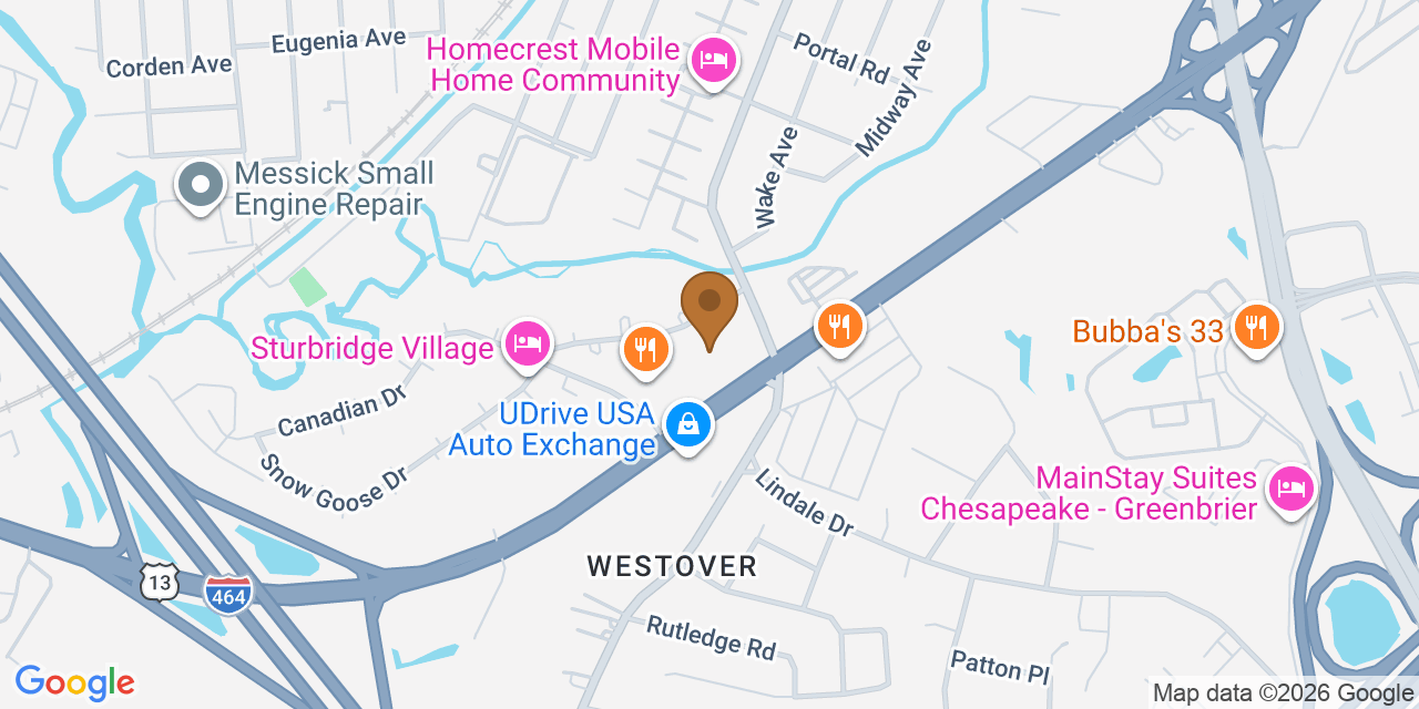 Map showing the Google Business location of Wholesale Roofers Chesapeake at 2211 South Military Highway, Chesapeake, VA, 23320