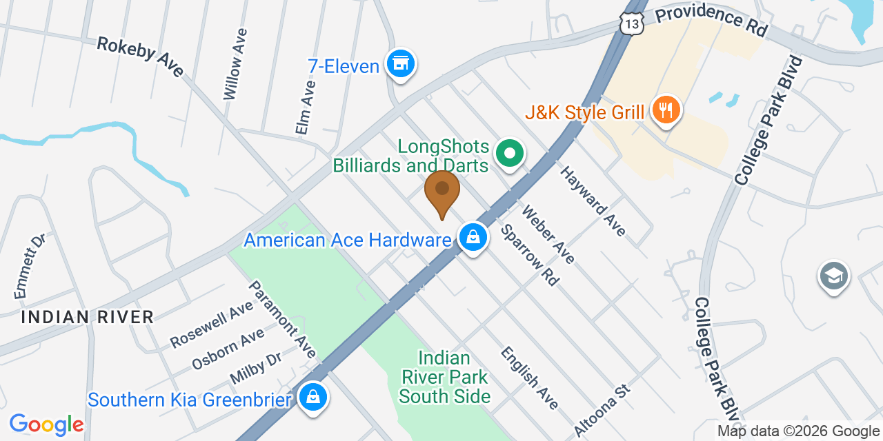 Map showing the Google Business location of Jayhawk Exteriors at 1824 Engle Avenue, Chesapeake, VA, 23320