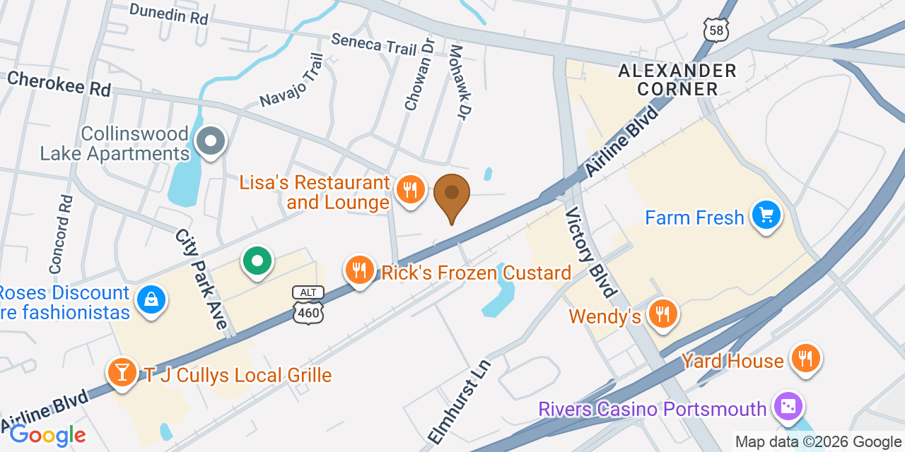 Map showing the Google Business location of Hassle Free Contracting LLC at 510 Virginia Avenue, Portsmouth, VA, 23707