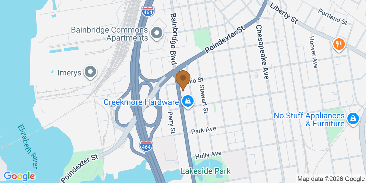 Map showing the Google Business location of Premier Roofing & Siding Contractors at 1215 Bainbridge Boulevard, Chesapeake, VA, 23324