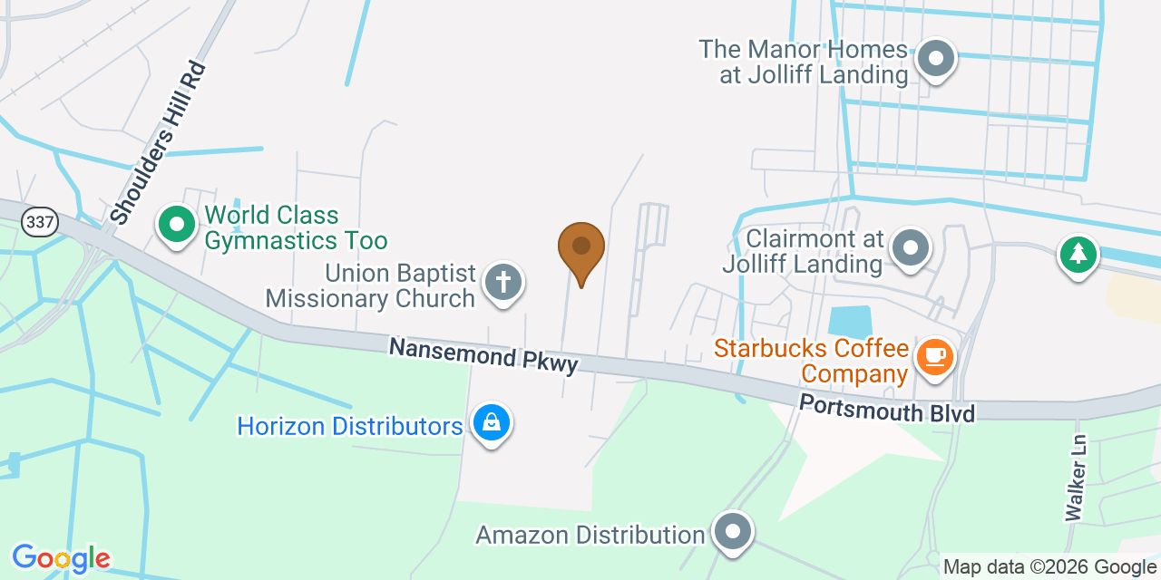 Map showing the Google Business location of National Roofing Corporation at 5463 Nansemond Parkway, Suffolk, VA, 23435