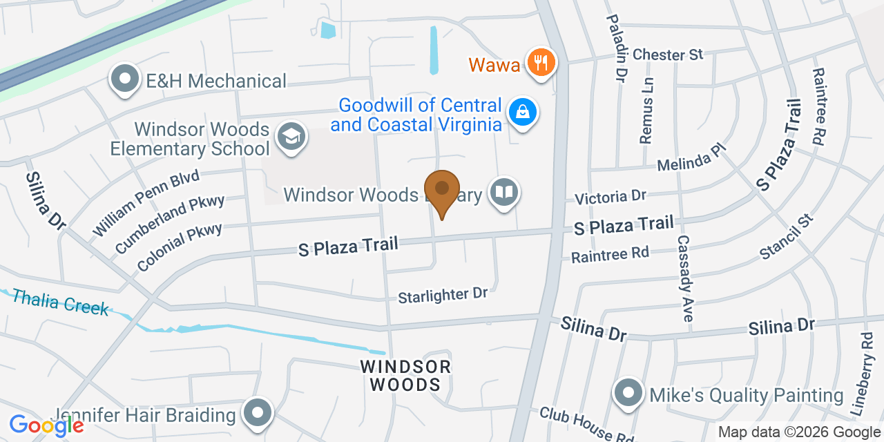 Map showing the Google Business location of The Roofing Company Inc. of Virginia Beach at 3640 South Plaza Trail, Virginia Beach, VA, 23452