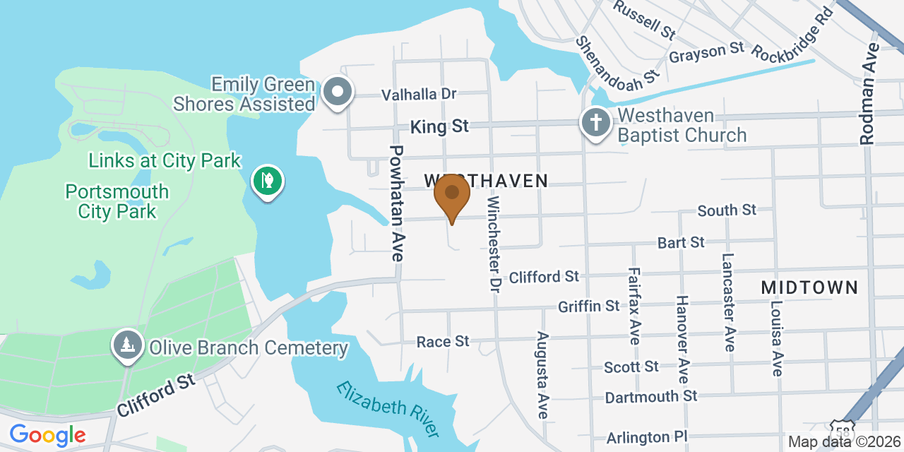 Map showing the Google Business location of John's Roofing & Home Improvements at 4513 South Street, Portsmouth, VA, 23707