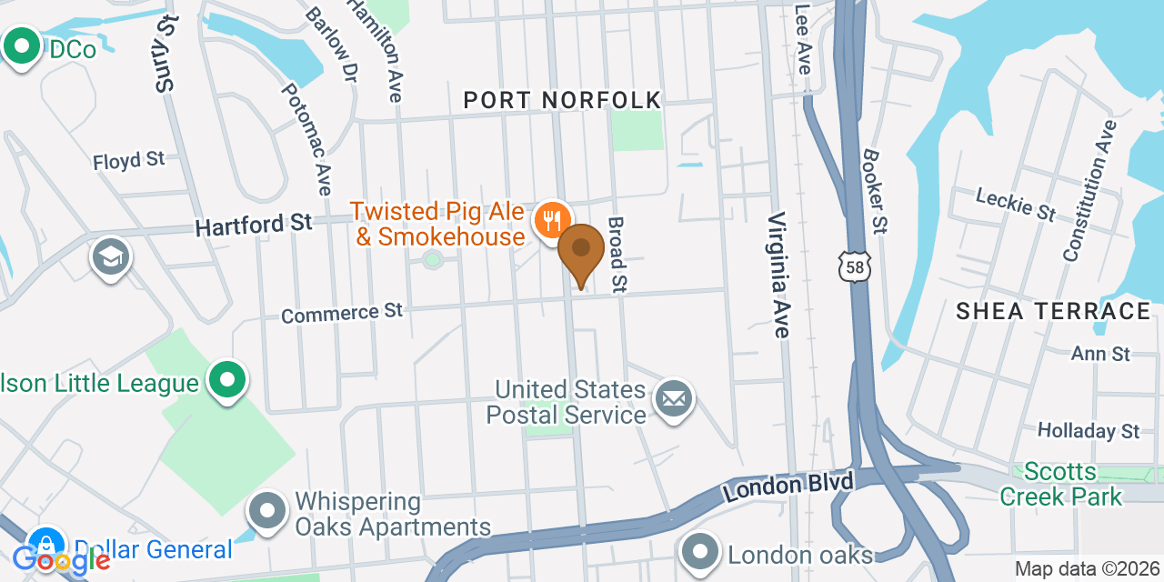 Map showing the Google Business location of Andrews Roofing Co Inc at 757 Mount Vernon Avenue, Portsmouth, VA, 23707