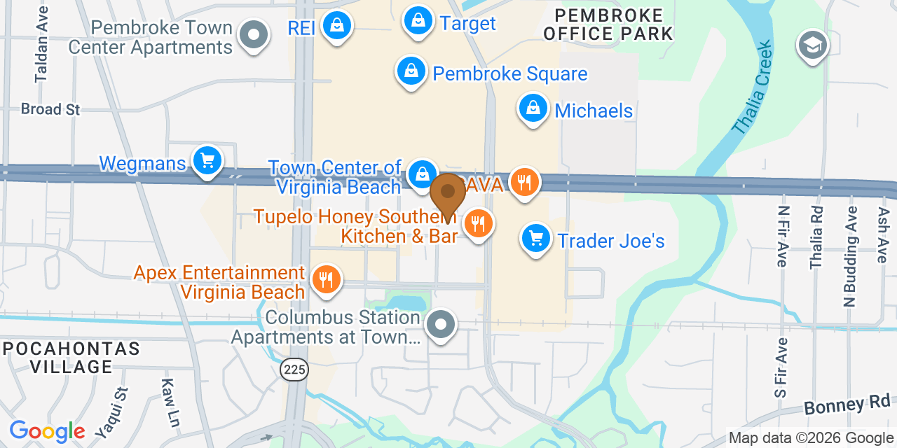 Map showing the Google Business location of Wholesale Roofers at 1 Columbus Center, Virginia Beach, VA, 23462