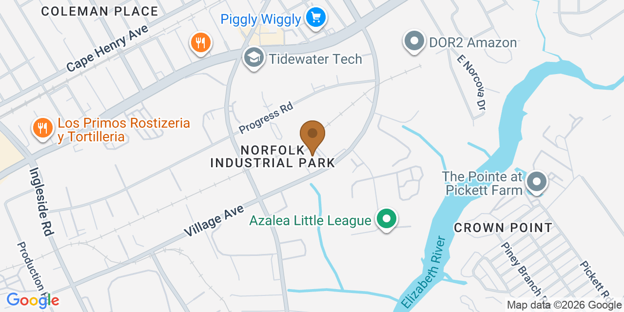 Map showing the Google Business location of Pyramid Roofing (Southside) at 4580 Village Avenue, Norfolk, VA, 23502
