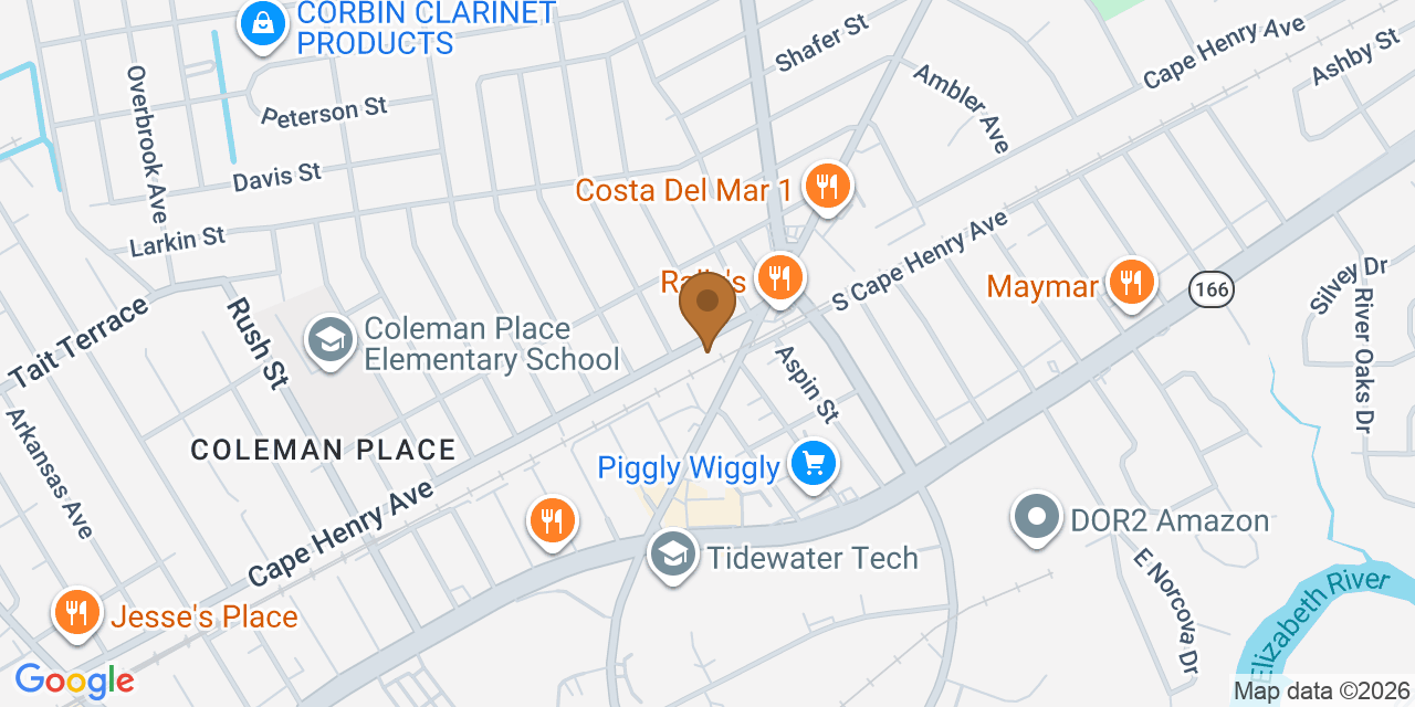 Map showing the Google Business location of WT Anderson Roofing & Siding at 4627 Cape Henry Avenue, Norfolk, VA, 23513