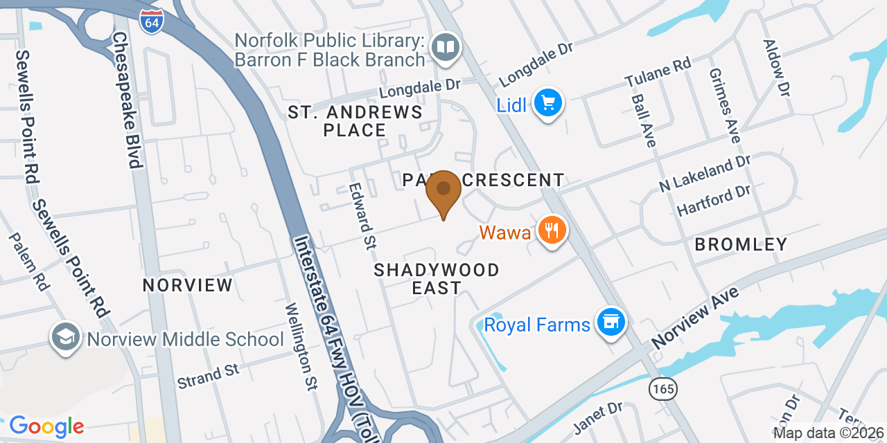 Map showing the Google Business location of Matrix Construction of Hampton Roads, Inc. at 1443 Picadilly Street, Norfolk, VA, 23513