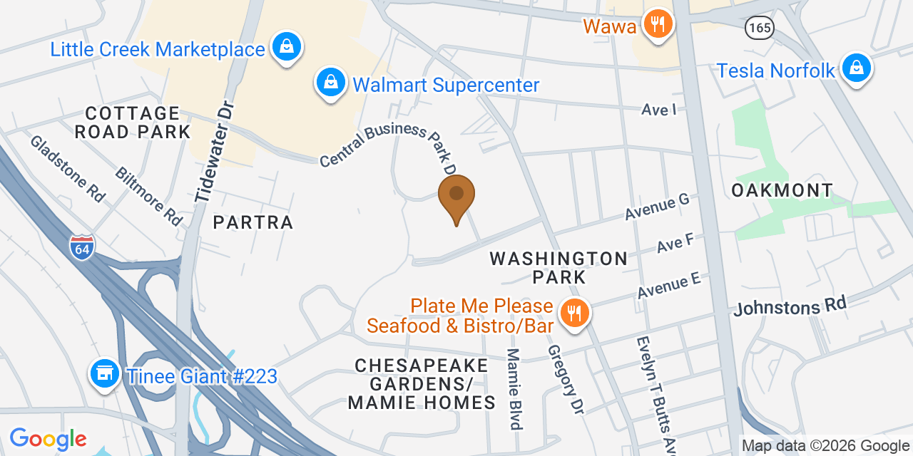Map showing the Google Business location of Erie Home Roofing at 7421 Central Business Park Drive, Norfolk, VA, 23513