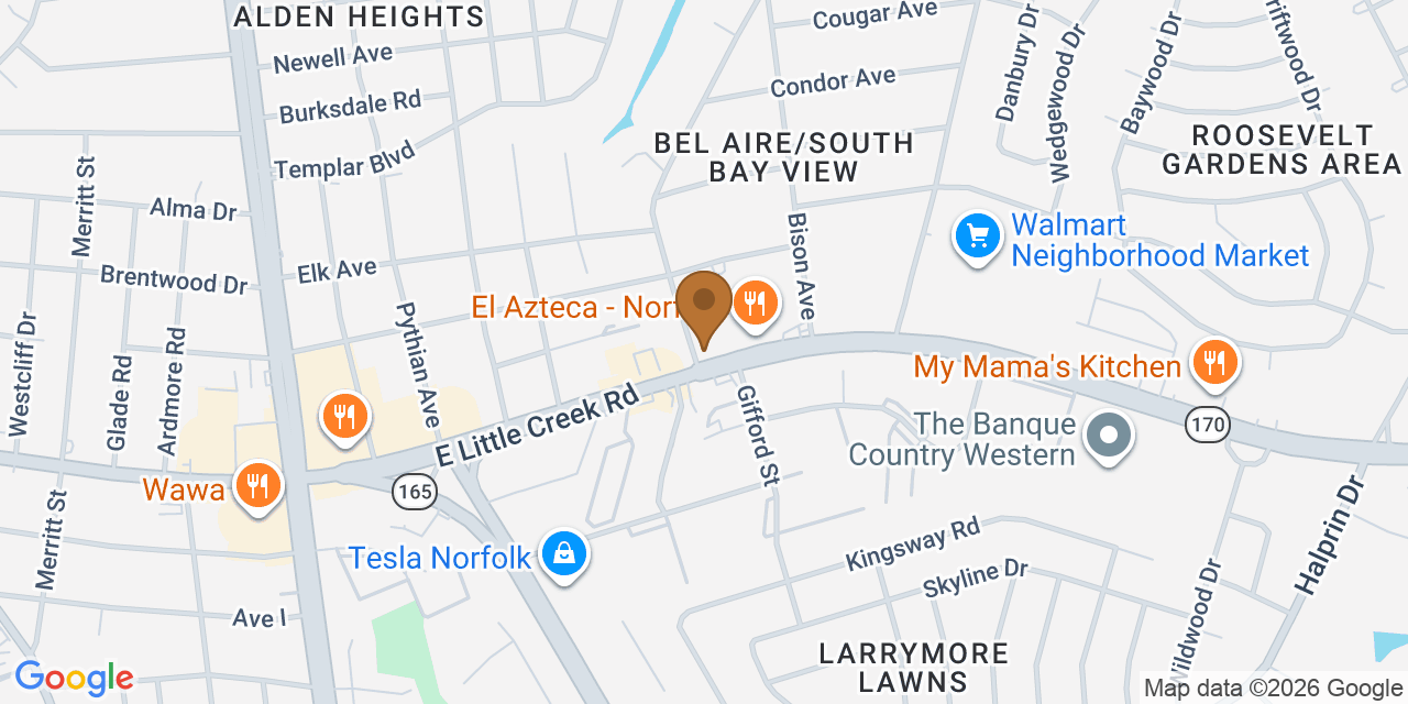 Map showing the Google Business location of Wholesale Roofers Norfolk at 1500 East Little Creek Road, Norfolk, VA, 23518