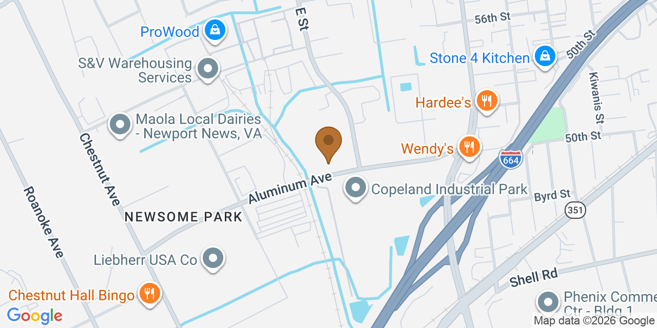 Map showing the Google Business location of The Roofing Company, Inc. at 2106 Aluminum Avenue, Hampton, VA, 23661