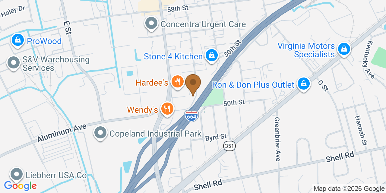 Map showing the Google Business location of Pyramid Roofing (Peninsula) at 2350 50th Street, Hampton, VA, 23661