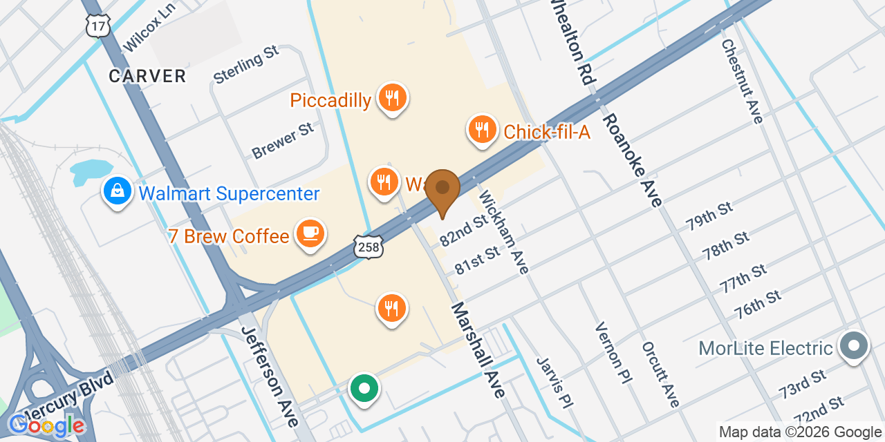 Map showing the Google Business location of Robinson & Sons Roofing & Remodeling at 5113 West Mercury Boulevard, Hampton, VA, 23605