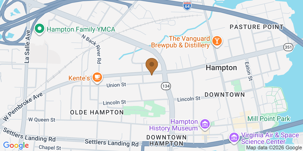 Map showing the Google Business location of 64 Roofing LLC at 212219 West Pembroke Avenue, Hampton, VA, 23669