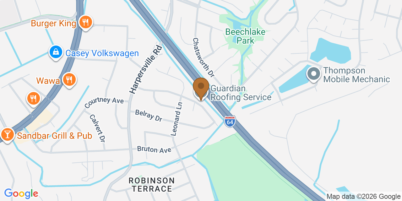 Map showing the Google Business location of Guardian Roofing Service at 311 Agusta Drive, Newport News, VA, 23601