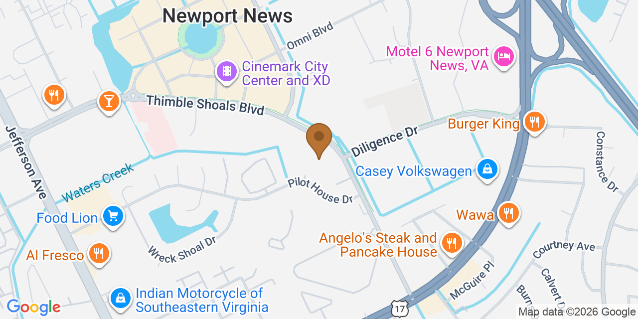 Map showing the Google Business location of Wholesale Roofers at 732 Thimble Shoals Boulevard, Newport News, VA, 23606