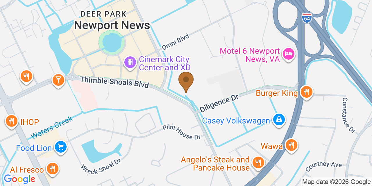 Map showing the Google Business location of Best Roofing Of Virginia at 733 Thimble Shoals Boulevard, Newport News, VA, 23606