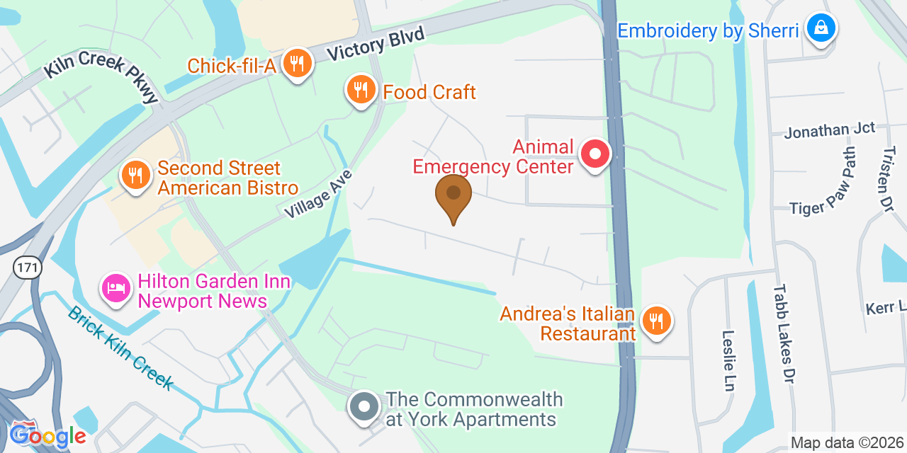 Map showing the Google Business location of Roof Masters at 132 Production Drive, Yorktown, VA, 23693