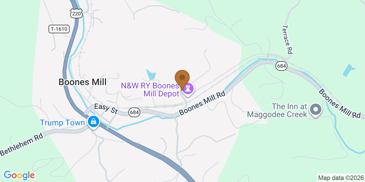 Map showing the Google Business location of Big Lick Roofing at 25 Depot Drive, Boones Mill, VA, 24065