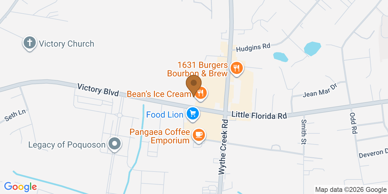 Map showing the Google Business location of Williams & Sons Roofing & Remodeling at 8 Victory Boulevard, Poquoson, VA, 23662