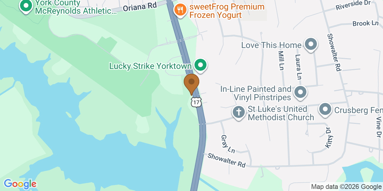 Map showing the Google Business location of Armor Roofing at 4111 George Washington Memorial Highway, Yorktown, VA, 23692