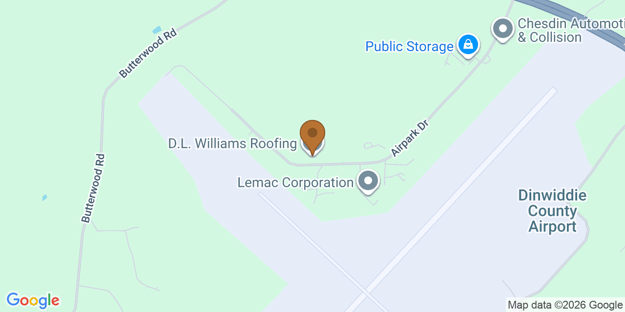 Map showing the Google Business location of D.L. Williams Roofing at 22800 Airpark Drive, Petersburg, VA, 23803
