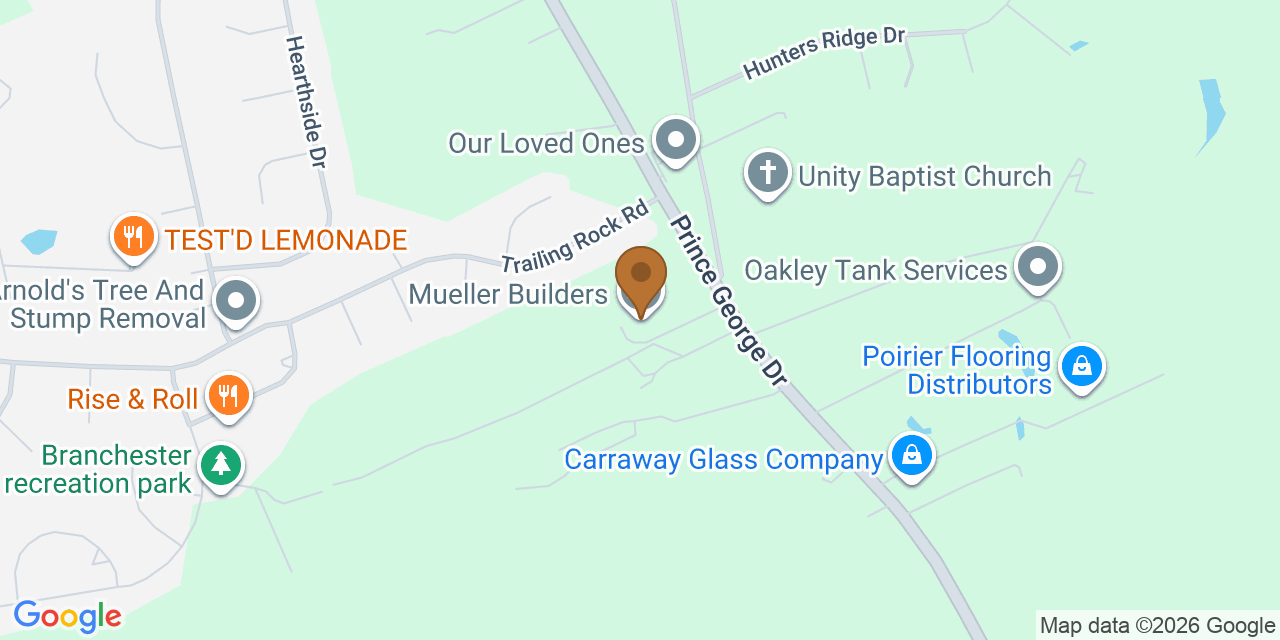 Map showing the Google Business location of Mueller Builders at 5050 Prince George Drive, Prince George, VA, 23875