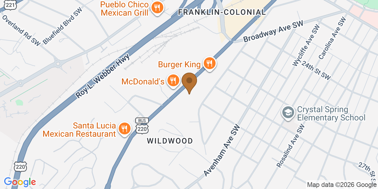 Map showing the Google Business location of Modern Day Roofing at 2740 Franklin Road Southwest, Roanoke, VA, 24014