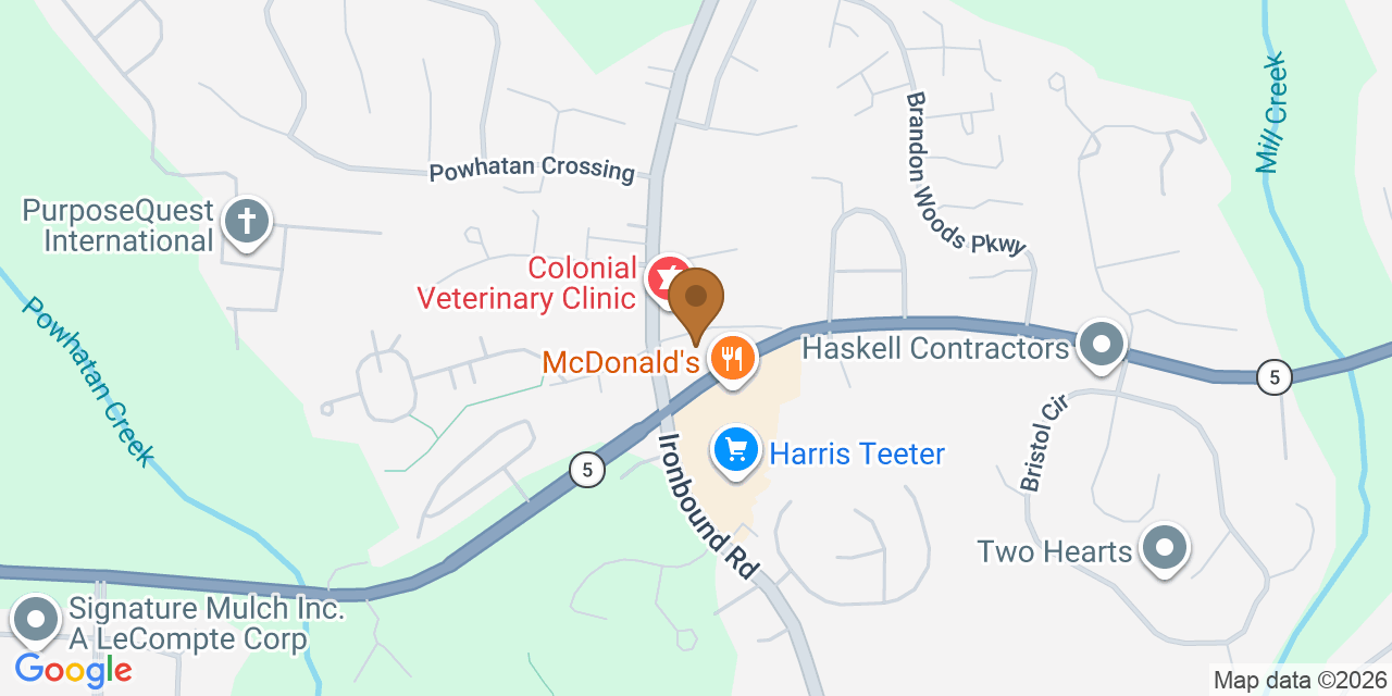 Map showing the Google Business location of Chase Roofing LLC at 4504 John Tyler Highway, Williamsburg, VA, 23188