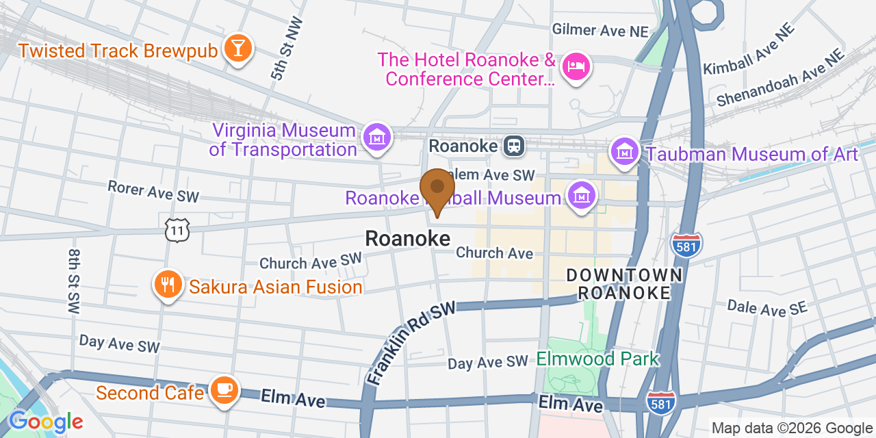 Map showing the Google Business location of Skywalker Roofing Company at 308 2nd Street Southwest, Roanoke, VA, 24011