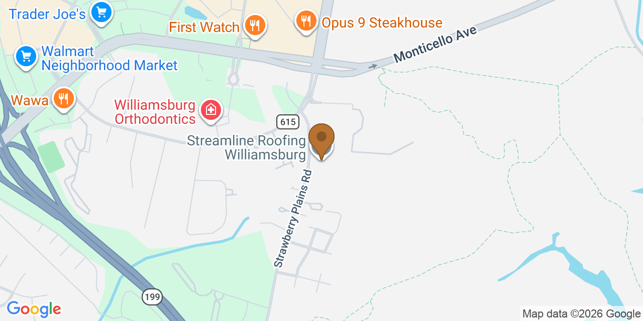 Map showing the Google Business location of Streamline Roofing Williamsburg at 150 Strawberry Plains Road, Williamsburg, VA, 23188