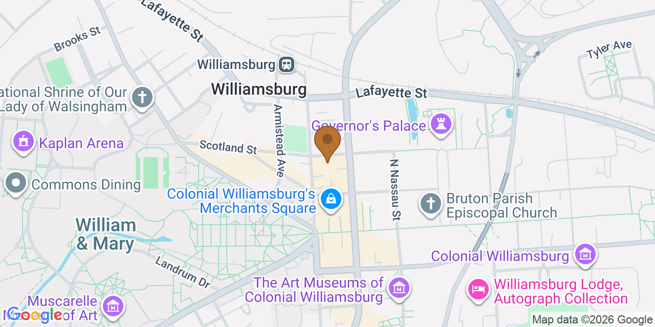 Map showing the Google Business location of Williamsburg Roofing Co at 402 West Duke of Gloucester Street, Williamsburg, VA, 23185