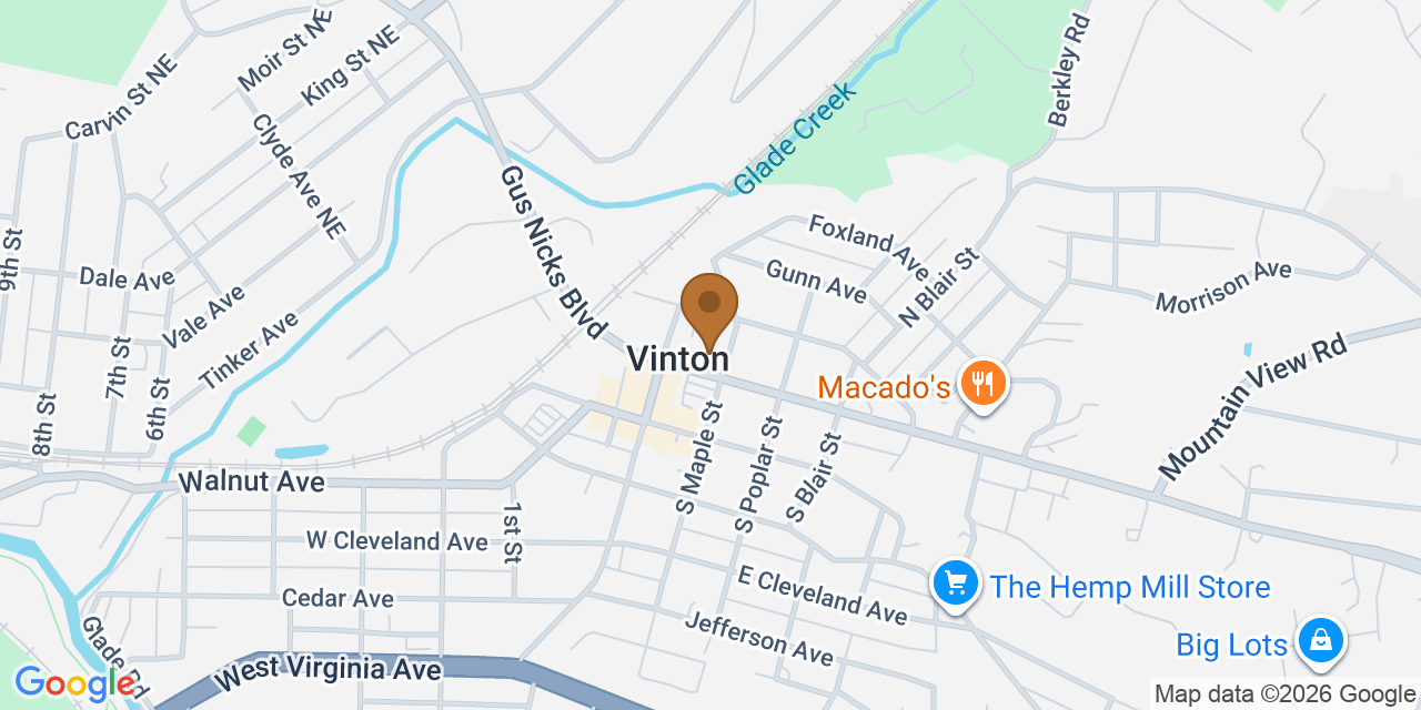 Map showing the Google Business location of Vinton Roofing Company Inc at 124 East Washington Avenue, Vinton, VA, 24179