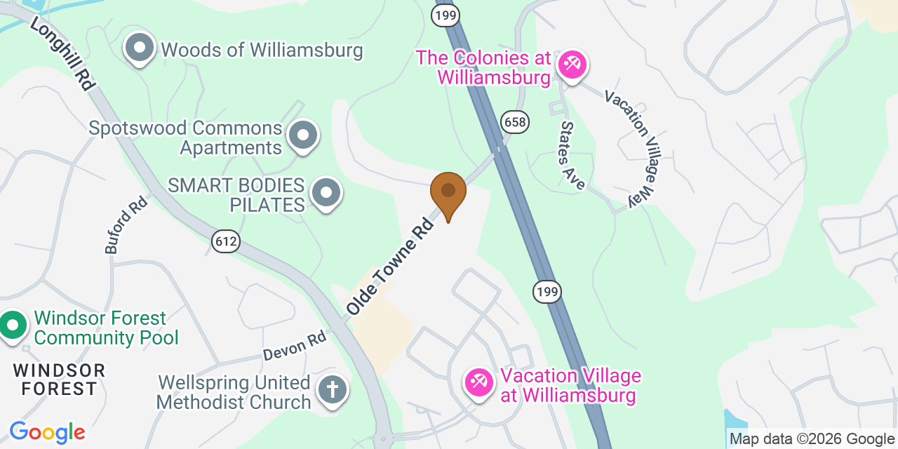 Map showing the Google Business location of Pyramid Roofing at 5268 Olde Towne Road, Williamsburg, VA, 23188
