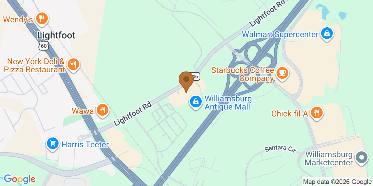 Map showing the Google Business location of Line by Line Roofing at 312 Lightfoot Road, Williamsburg, VA, 23188