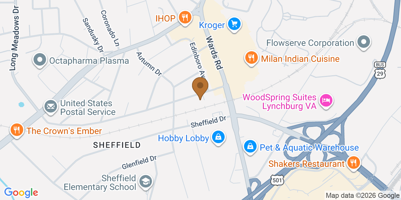 Map showing the Google Business location of Perimeter Roofing and Exteriors at 5612 Edgewood Avenue, Lynchburg, VA, 24502