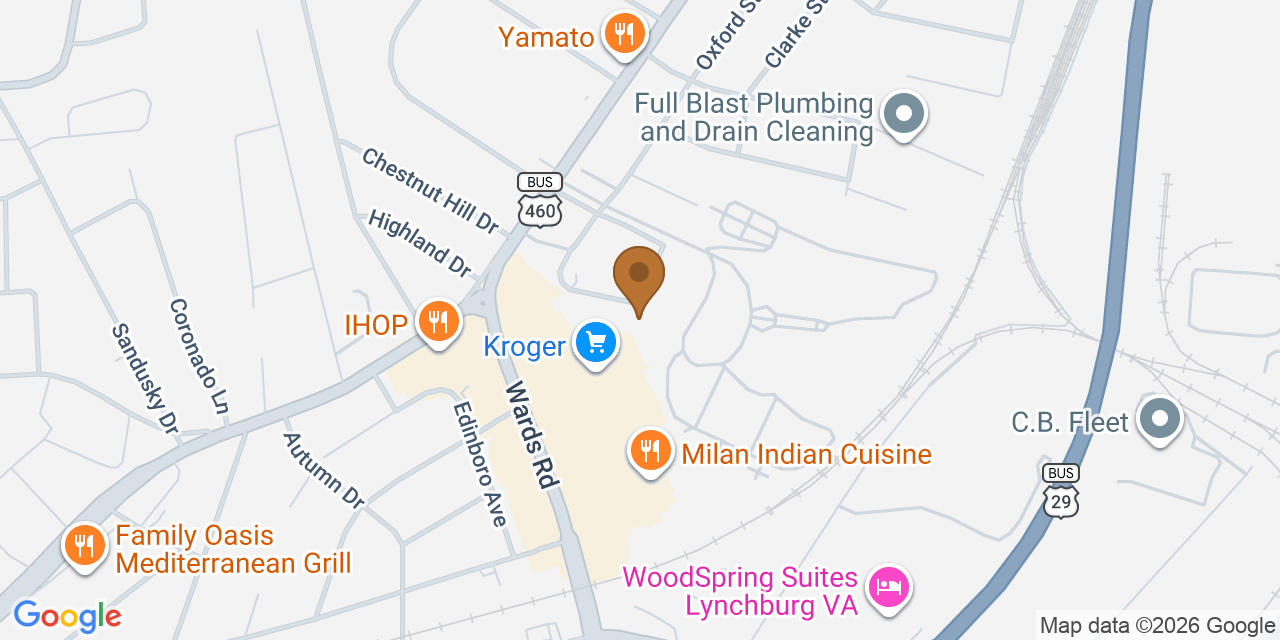 Map showing the Google Business location of James R Jessie Roofing LLC at 244 Twin Oak Drive, Lynchburg, VA, 24502