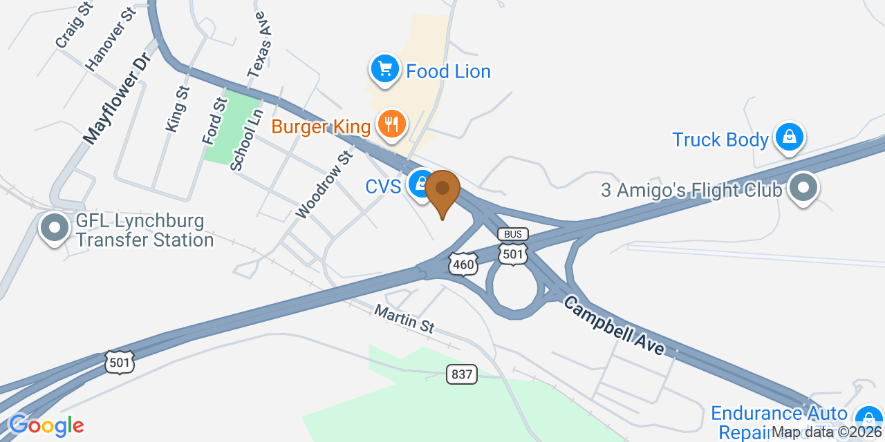 Map showing the Google Business location of McCarty Roofing Inc at 3920 Campbell Avenue, Lynchburg, VA, 24501