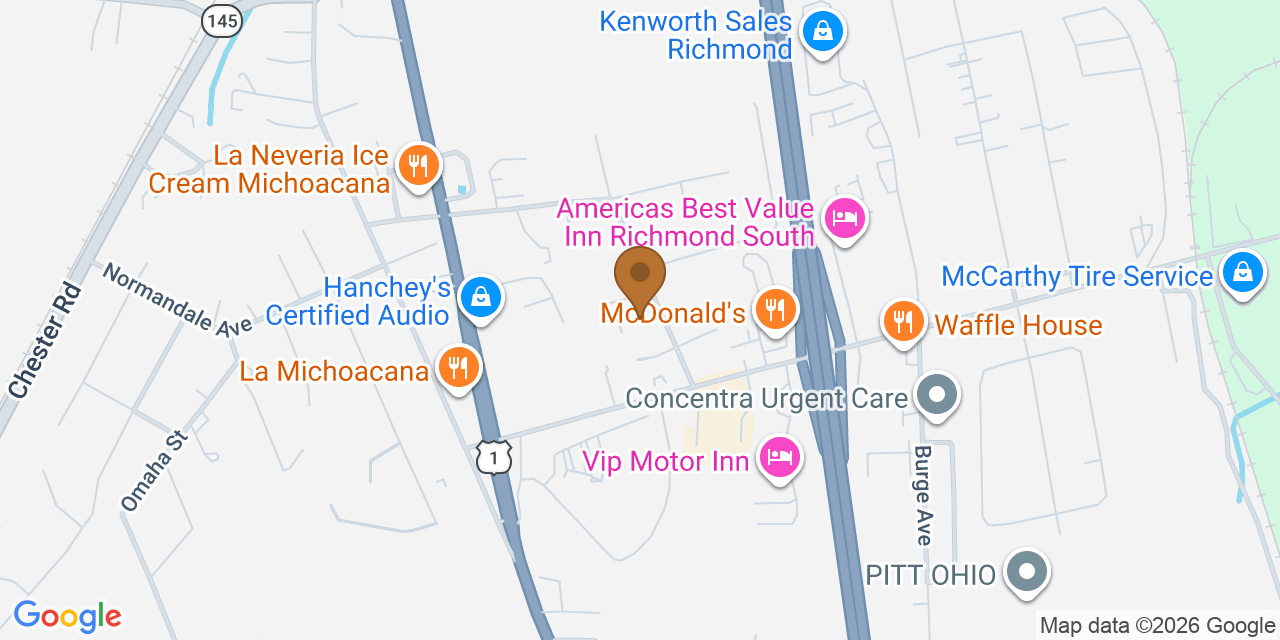 Map showing the Google Business location of Cross Timbers Roofing at 9000 Pams Avenue, Bellwood, VA, 23237