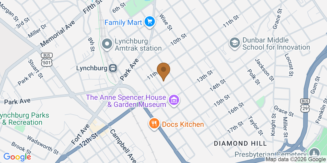 Map showing the Google Business location of All Phase Roofing and Construction at 1525 12th Street, Lynchburg, VA, 24501