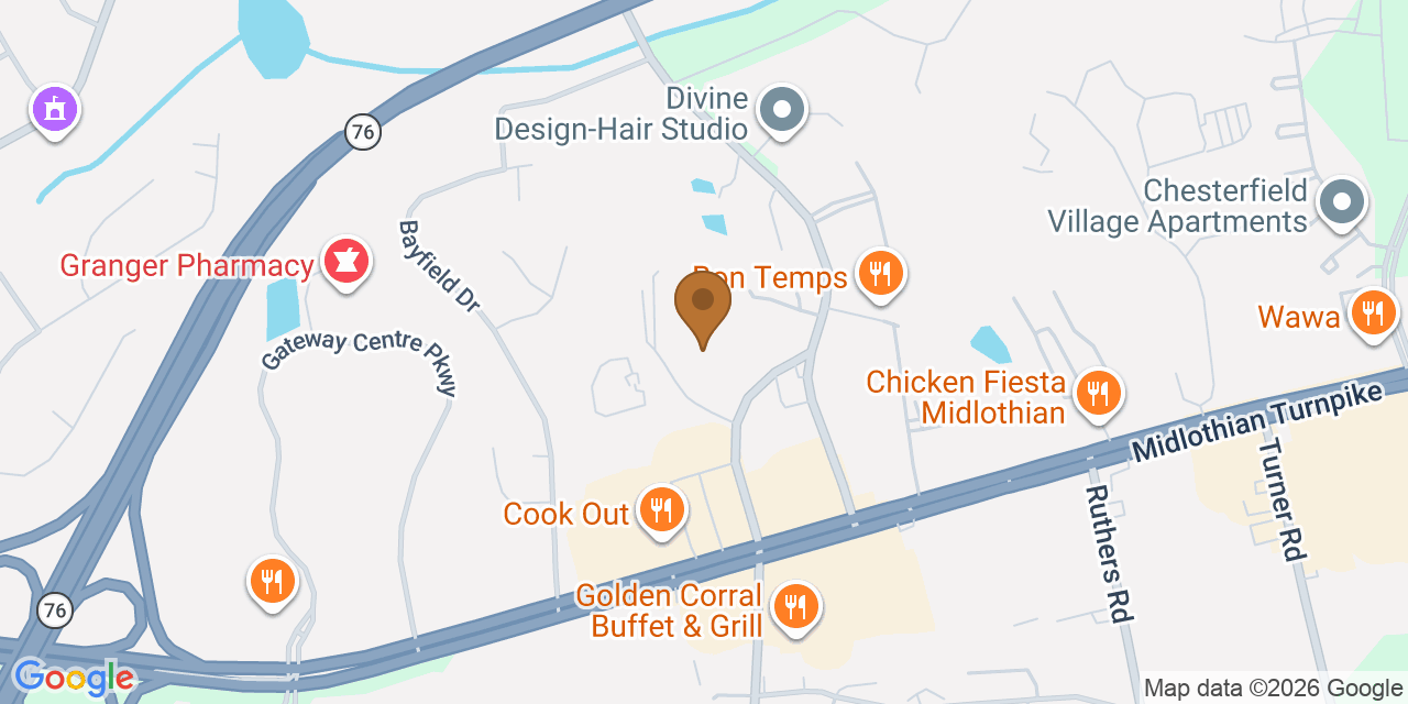 Map showing the Google Business location of Chesterfield VA Roofing at 603 Twinridge Lane, Manchester, VA, 23235